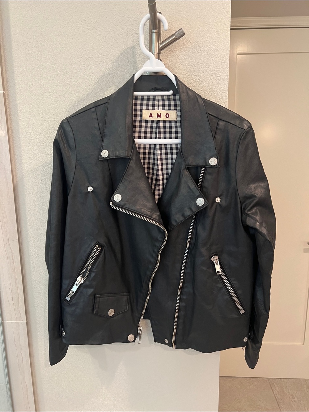 AMO Black Waxed Cotton Biker Jacket with Silver Hardware